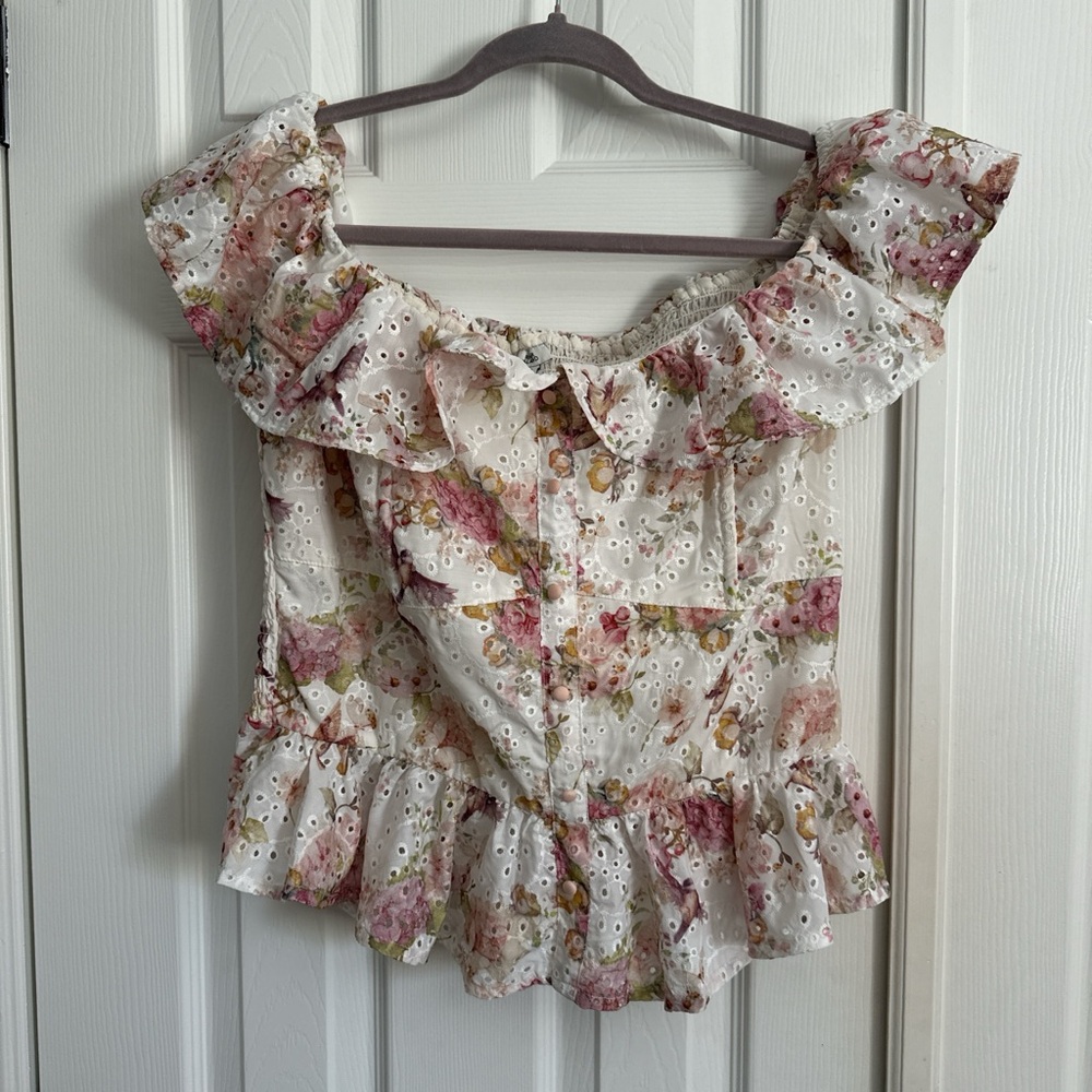 River Island White Floral Eyelet Off-Shoulder Ruffle Top